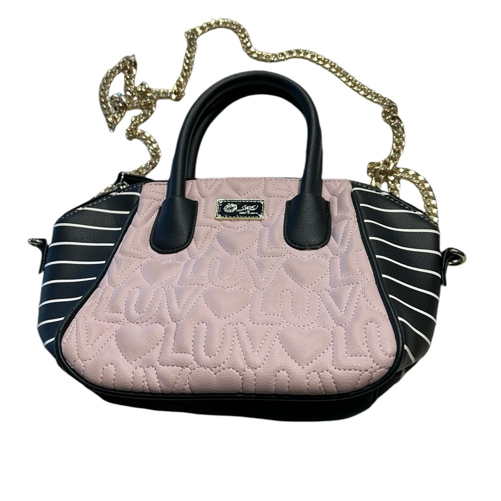 Betsy Johnson small, quilted bag with LUV and hearts, black and white stripes